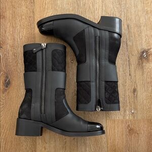 CHANEL Black Quilted Leather & Suede Biker Boots with Double Zipper